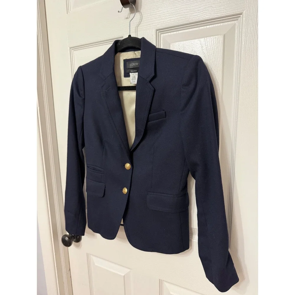 J.Crew Schoolboy Blazer Navy Blue Wool Blend Gold Crest Button‎ Jacket 0 RN77388 - Picture 4 of 7